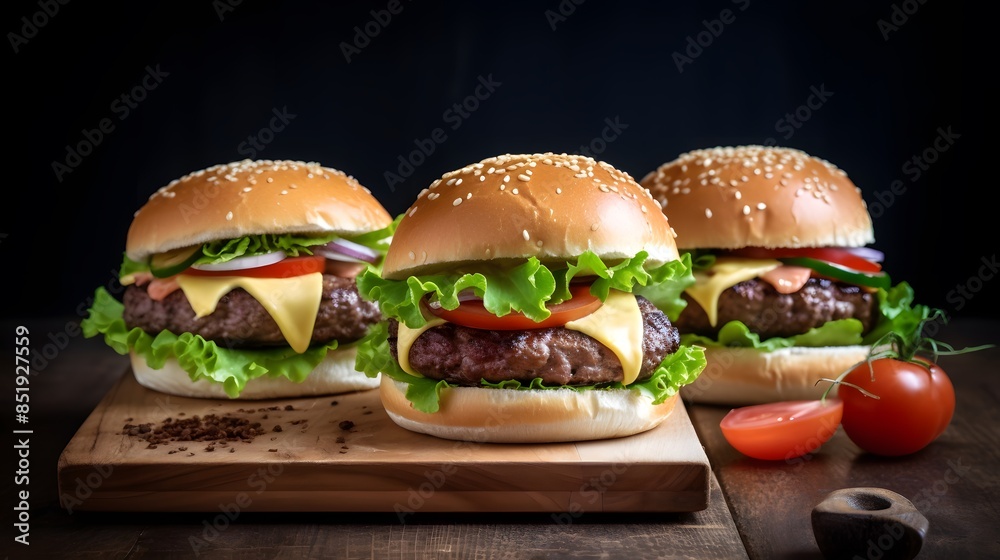 Savory Cheeseburger Stack: Layers of Flavor on a Dark Background Savory Cheeseburger Stack: Layers of Flavor on a Dark Background