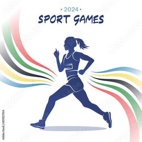 Template of poster for the 2024 sport games championship in Paris featuring a silhouette of athletic woman running fast at running competition with Olympic colors stripes or colorful wavy rainbow