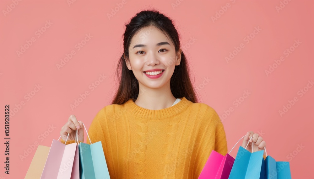 Young Asian female in a yellow sweater joyfully holding multiple shopping bags against a pink background Young Asian female in a yellow sweater joyfully holding multiple shopping bags against a pink background