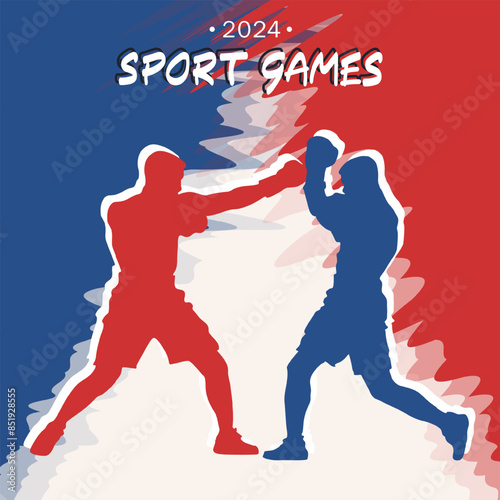 Layout poster with hand drawn silhouette of two boxers in mid-fight against the France flag background, representing Sport games championship 2024 event in Paris. Boxing sport as Olympic discipline