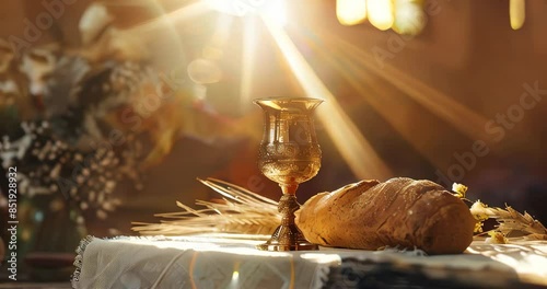 Fresh bread and golden chalice on an altar, gently bathed in sunlight, symbolizing unity and communion