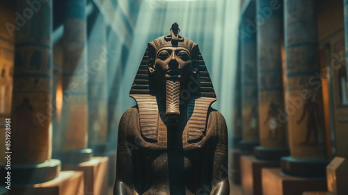 ancient Egyptian pharaohâ€™s statue standing in a museum photo