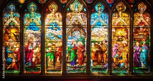 Colorful stained glass window vividly depicting biblical scenes in intricate detail and vibrant colors