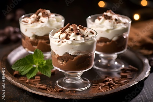 Decadent Chocolate and Vanilla Parfait with Whipped Cream and Chocolate Shavings.