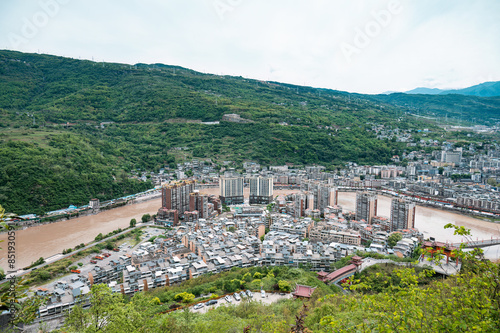 Aerial view of Ebian County in Leshan City, Sichuan Province, China, a county town in the middle of a mountainous area. photo