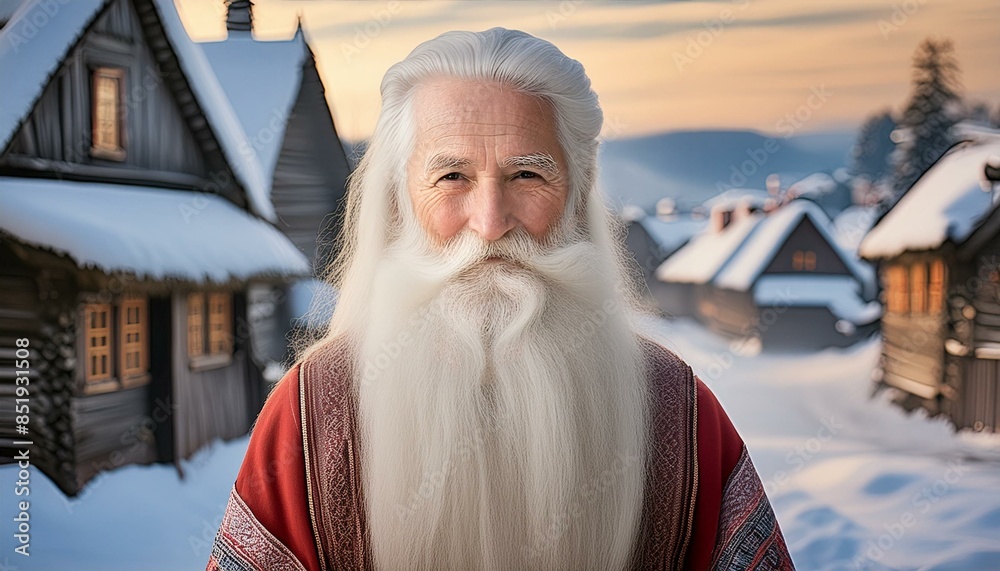 Fototapeta premium An elderly man with a long, flowing white beard and kind, wrinkled eyes. He is dressed