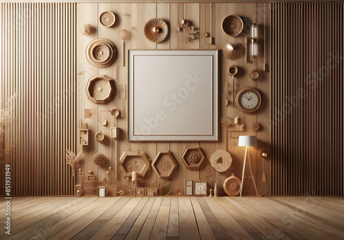 Helle Holzpaneelen als Hintergrund mit Holzobjekten, Holzfußboden, Mock up photo