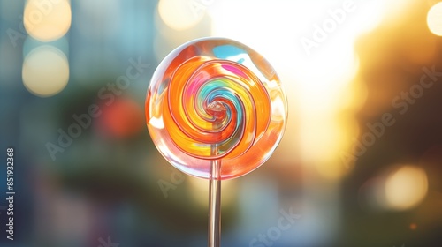 A Vibrant Colorful Lollipop Glowing Under Sunlight in a Blurred Background photo