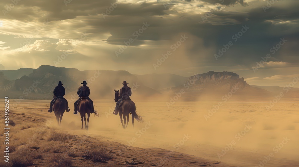 Cowboy silhouette on a horse during nice sunset and rear up