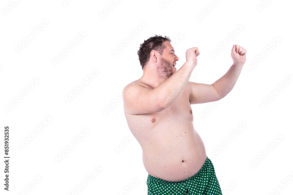 Fototapeta premium Funny fat man. Diet and healthy lifestyle. White background.
