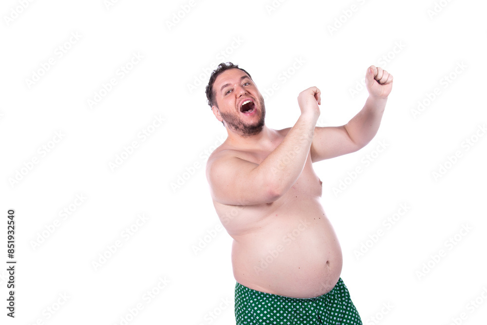 Obraz premium Funny fat man. Diet and healthy lifestyle. White background.