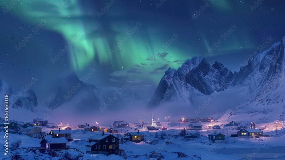 The aurora borealis swoops and sways in the frozen Arctic night sky, small town houses covered with snow, snowy mountains The aurora borealis swoops and sways in the frozen Arctic night sky, small town houses covered with snow, snowy mountains