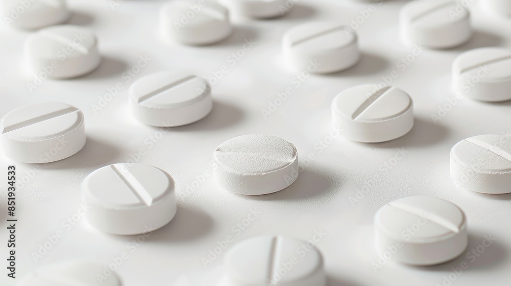 Multiple angles of drug tablet pills on a white background Multiple angles of drug tablet pills on a white background