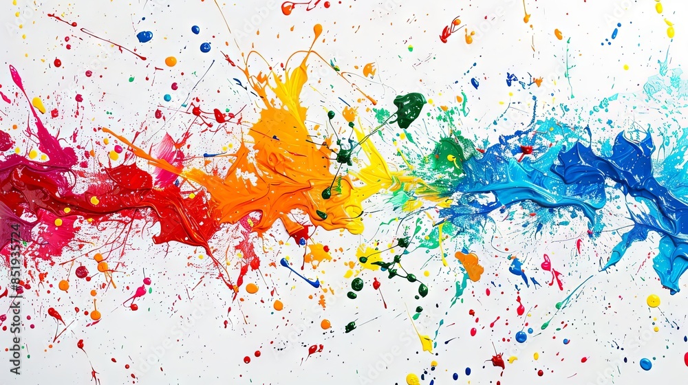 An energetic background of colorful paint splashes and splatters on a white canvas An energetic background of colorful paint splashes and splatters on a white canvas