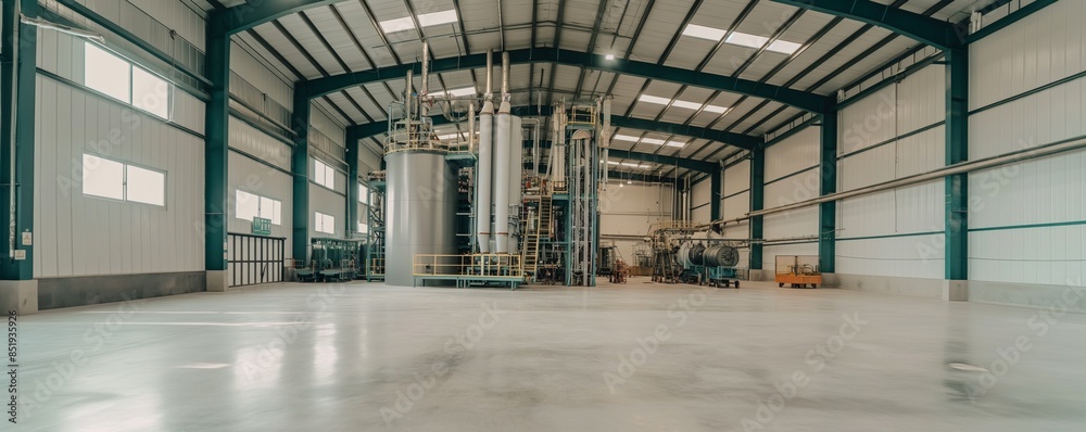 Obraz premium A panoramic view of a vacant industrial plant with visible steel piping and support structures