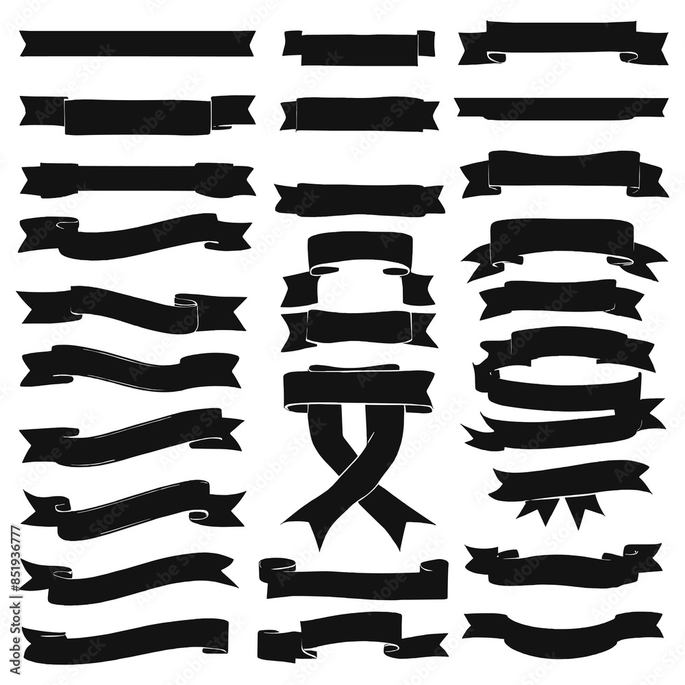 Ribbon silhouette banners set black shape Ribbon silhouette banners set black shape