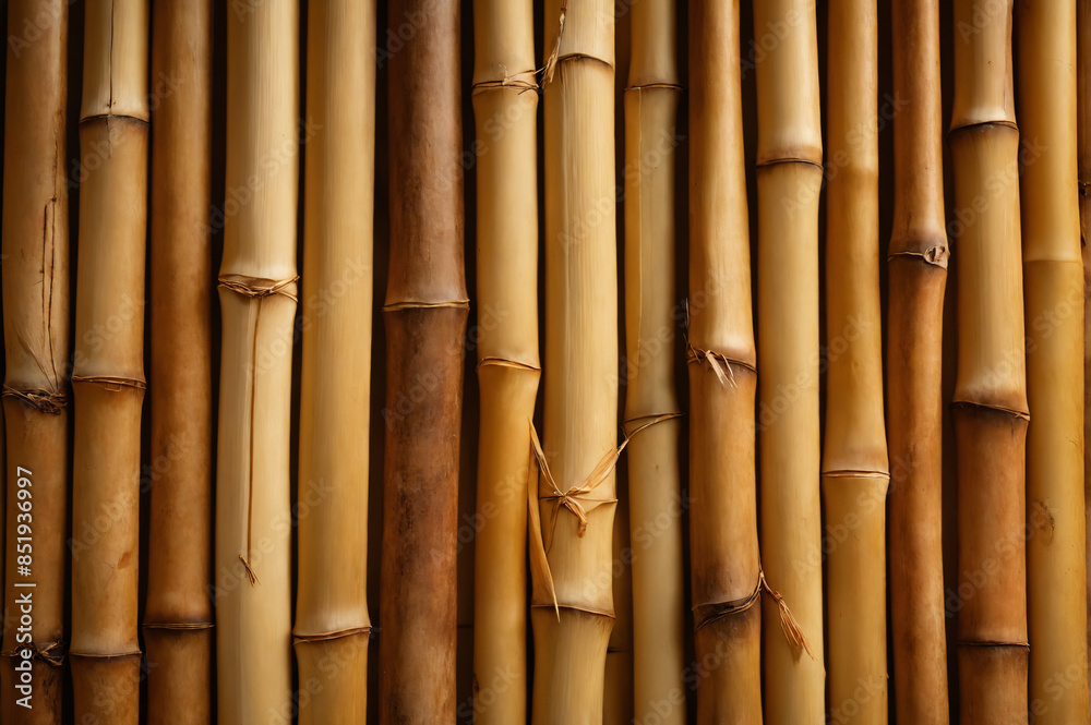 Fototapeta premium Close up of natural brown bamboo stalks arranged in a row