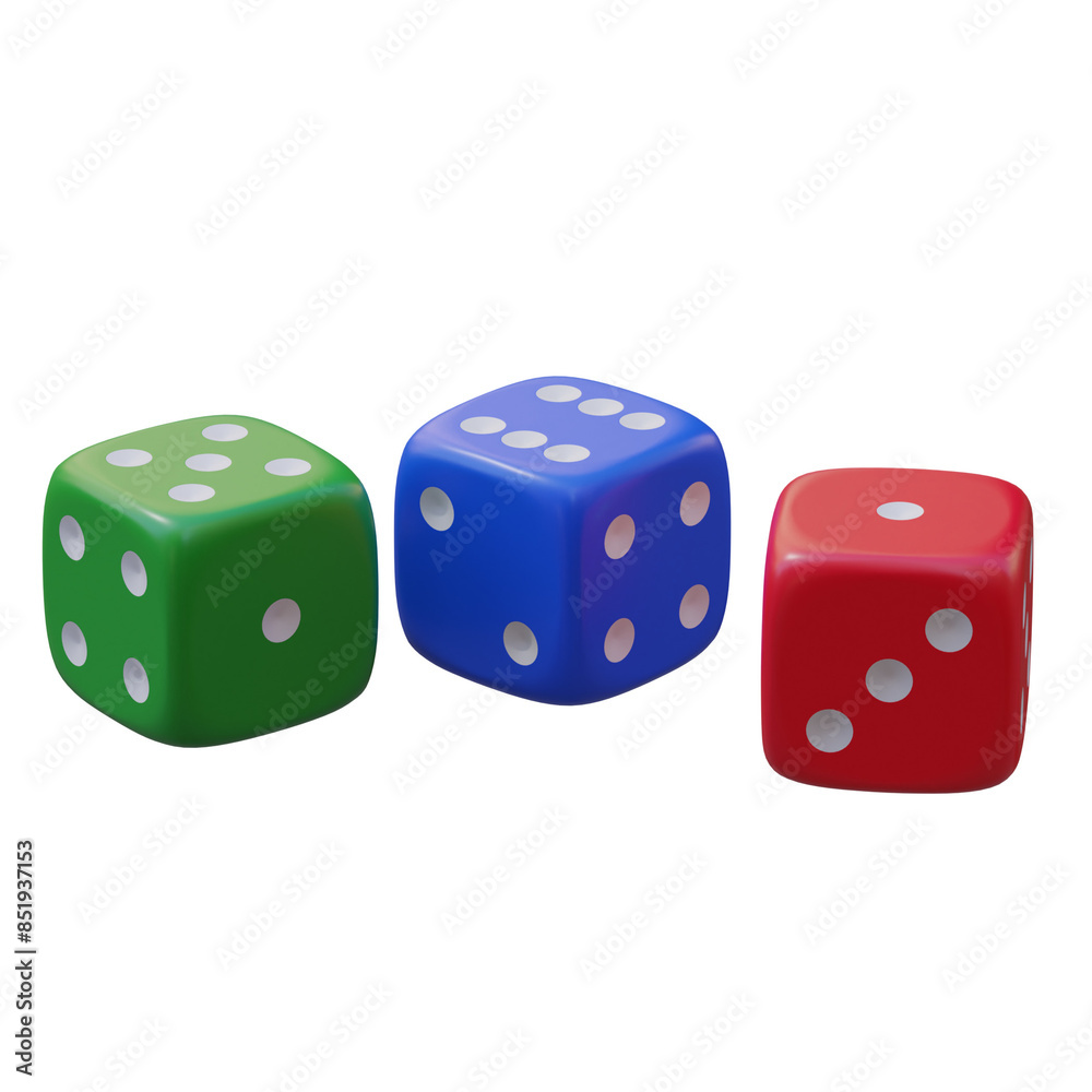 3d render three dices green blue red with transparent background 3d render three dices green blue red with transparent background