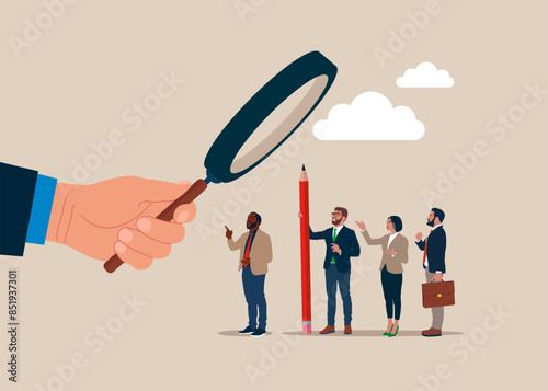HR use magnifying glass to choose best candidate. Modern vector illustration in flat style. 