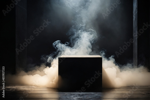 Black cube surrounded by smoke in a dark studio setting