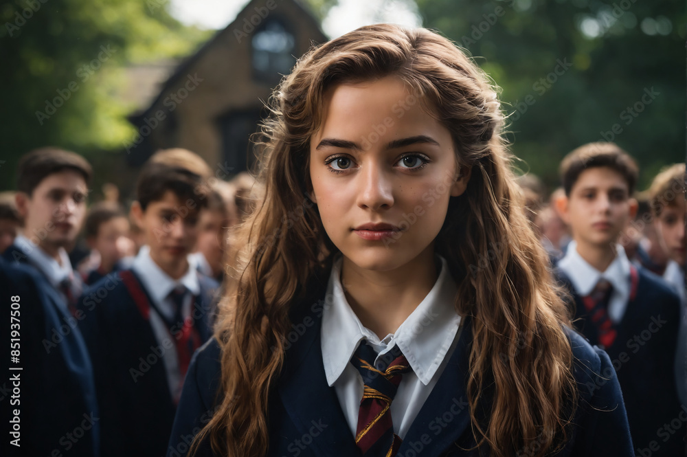 Young girl in school uniform stands out from crowd in front of school Young girl in school uniform stands out from crowd in front of school