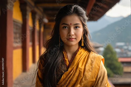 Young woman in traditional bhutanese dress stands in a monastery courtyard photo