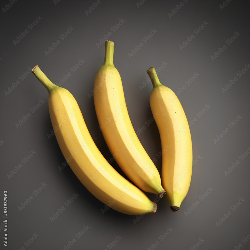 Three ripe yellow bananas on a grey surface Three ripe yellow bananas on a grey surface