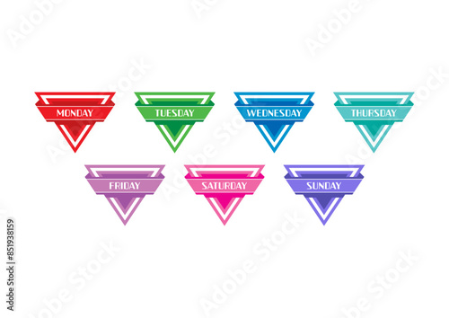 colored triangles and names of seven days. 7 days concept in triangles. names of 7 days