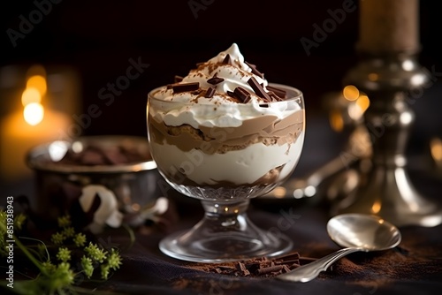 Decadent Chocolate and Vanilla Parfait with Whipped Cream and Chocolate Shavings.