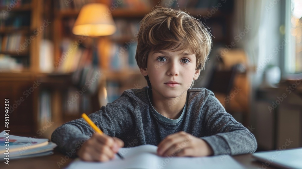 Boy focusing on his homework while sitting at desk Boy focusing on his homework while sitting at desk