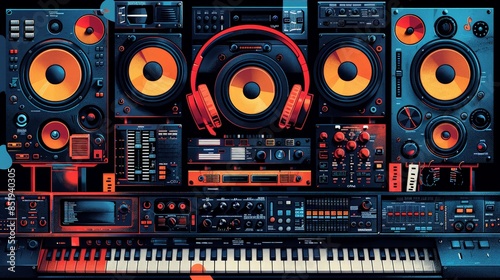 eclectic music background with elements like headphones, sheet music, and speakers blending into a seamless piano photo