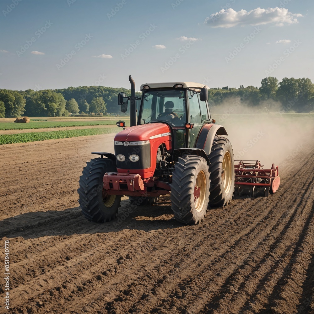 Rural Landscape Tractor in Vibrant Green Field Rural Landscape Tractor in Vibrant Green Field