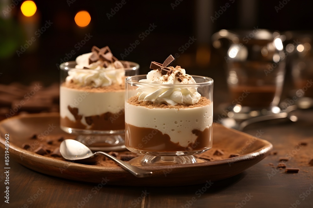 Decadent Chocolate and Vanilla Parfait with Whipped Cream and Chocolate Shavings.