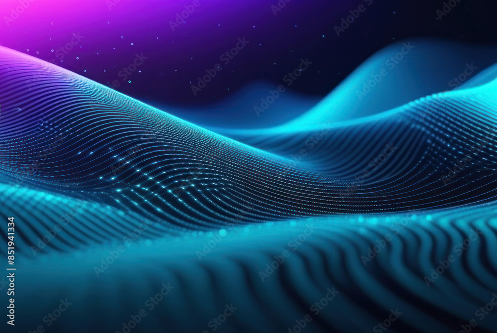 Dive into a mesmerizing digital landscape with flowing blue waves and glittering details.