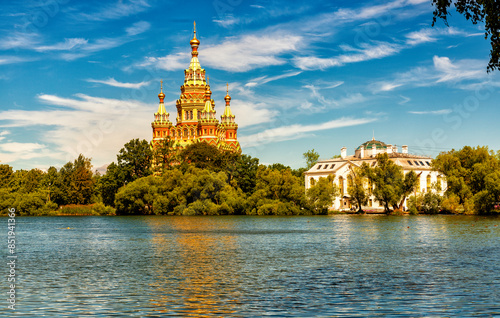 Landscape overlooking the temple of Peter and Paul in Peterhof photo