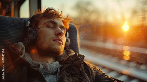 A serene scene of a man wearing headphones, resting his head against the window of a moving train, eyes closed in relaxation, with the blurred outdoor landscape passing by 8K , high-resolution, ultra  © ธนากร บัวพรหม