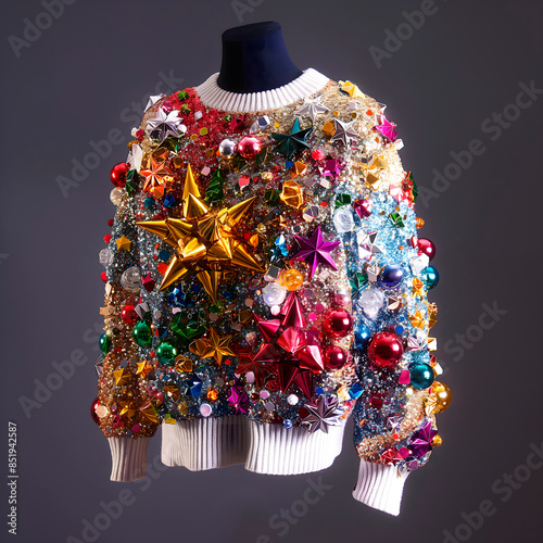 An absurdly ugly Christmas sweater with bright balls and a scattering of sequins,party outfit,the concept of a festive costume and an invitation to a party photo