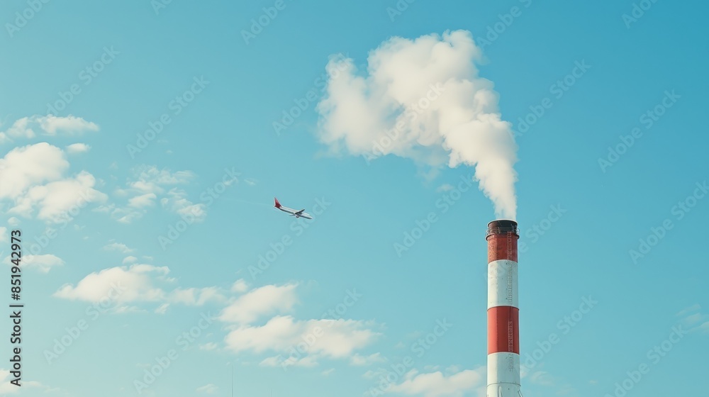 Red and white chimney emitting white smoke against blue sky plane flying in the background Industrial sky with room for text Red and white chimney emitting white smoke against blue sky plane flying in the background Industrial sky with room for text
