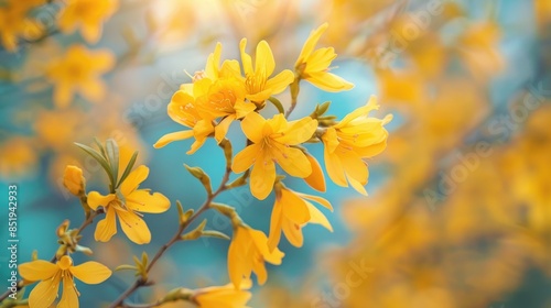 Close up of yellow forsythia blooms on a tree during the spring season © Emin