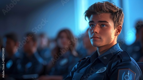 Police officer staff recruitment training, showing a young Caucasian man in blue uniform listening in a classroom lecture, depicting the educational aspect of police hiring