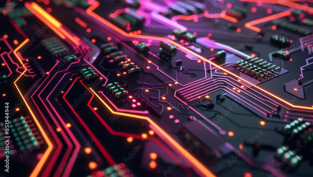 Closeup of an intricate circuit board with glowing lights, representing the complex inner proportions and patterns in technology. The vibrant colors symbolize energy and data flow through connections Closeup of an intricate circuit board with glowing lights, representing the complex inner proportions and patterns in technology. The vibrant colors symbolize energy and data flow through connections