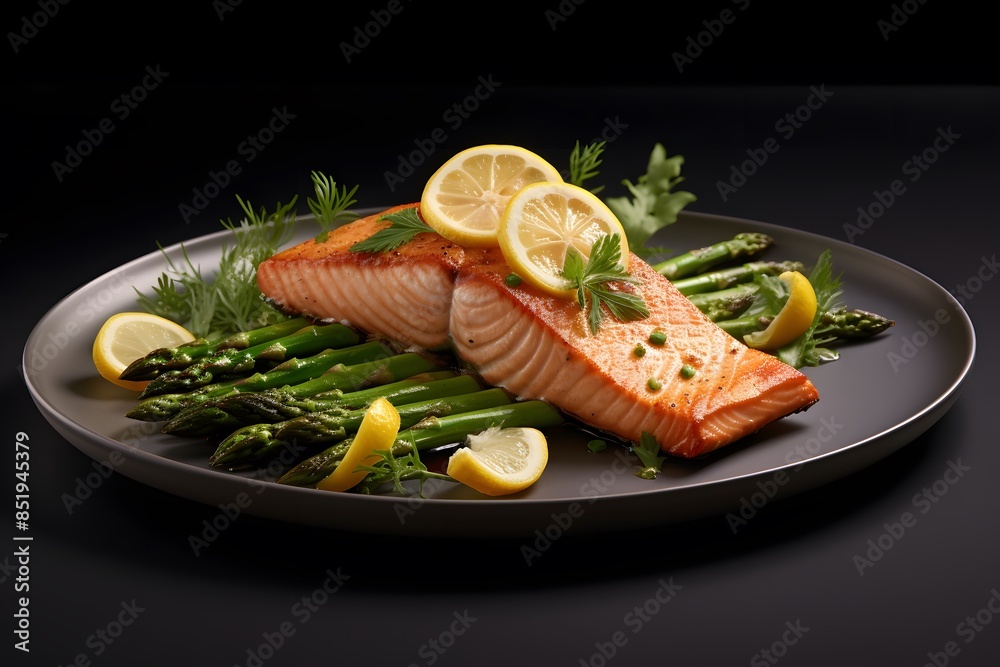 Delicious pan-fried salmon fillet presented with lime and asparagus on a well-organized platter.
Delicious pan-fried salmon fillet presented with lime and asparagus on a well-organized platter.