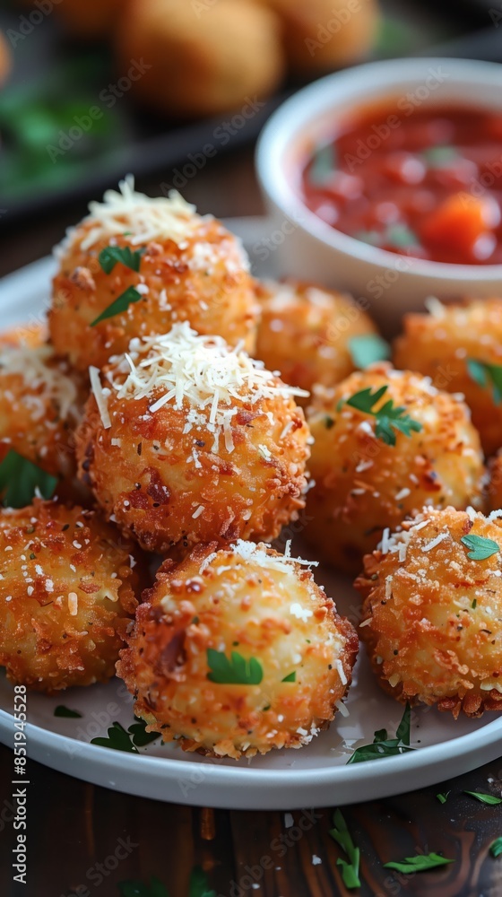 Crispy fried cheese balls served hot on a white ceramic plate with a side of marinara sauce