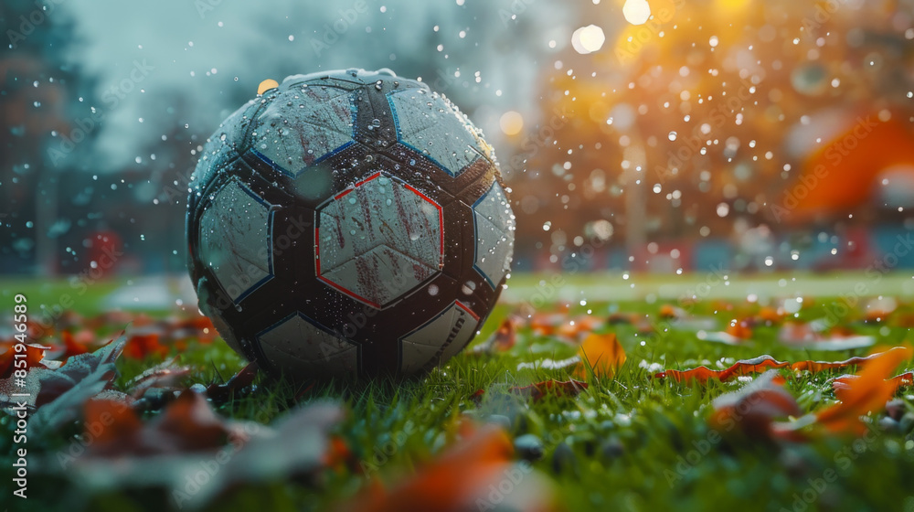 Fototapeta premium Cinematic image of a soccer freestyle player making tricks with the ball on a artificial grass court indoor. Concept about sport and people lifestyle