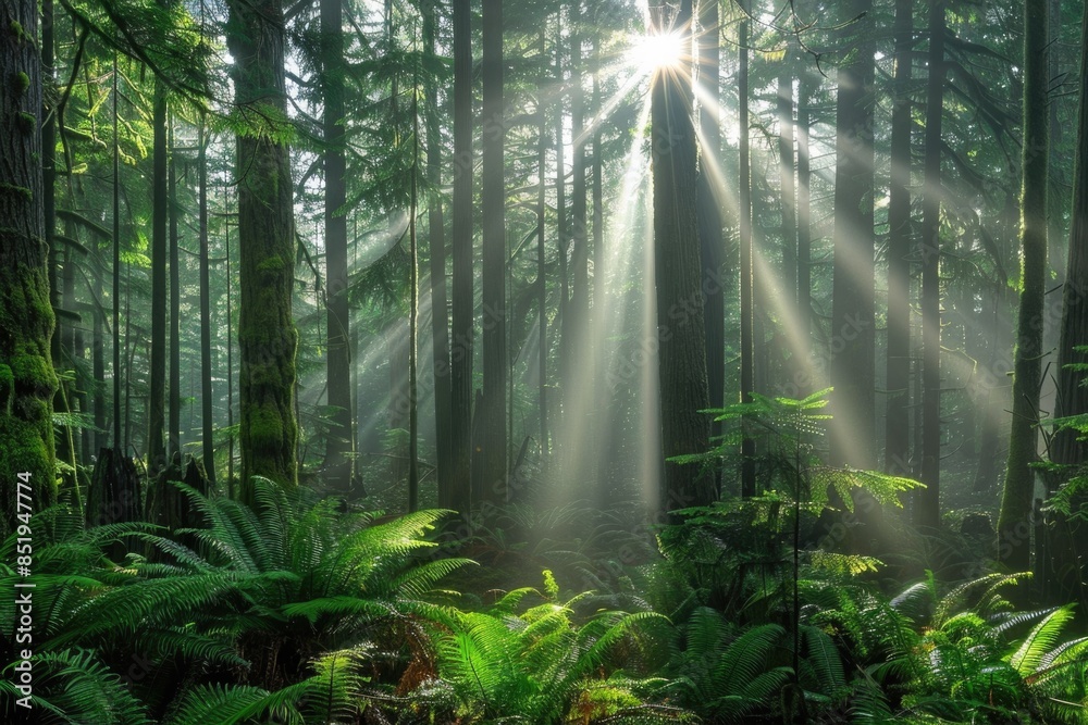 Obraz premium Shine: Morning Sun Rays illuminating a Lush Forest in British Columbia, Canada