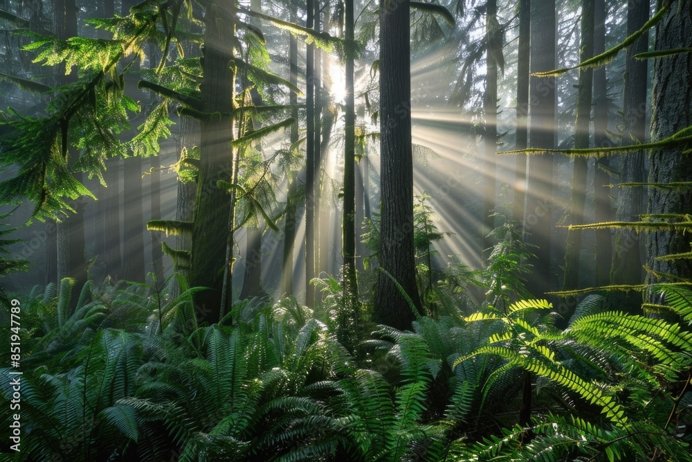 Fototapeta premium Shine Morning Sun Rays Through Lush British Columbia Forest