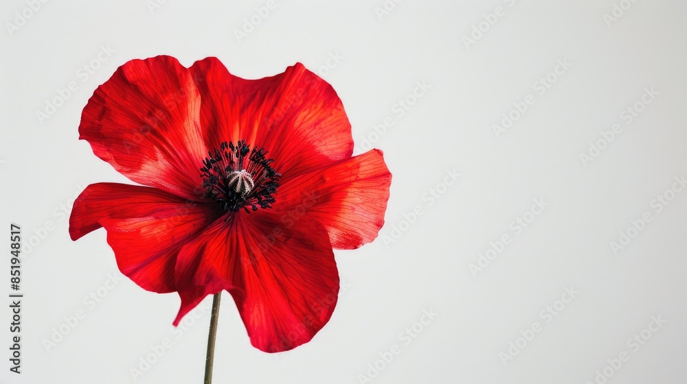 Obraz premium A vibrant red flower with delicate petals set against a crisp white backdrop a stunning image capturing the beauty of nature perfect for a greeting card or any nature themed collection