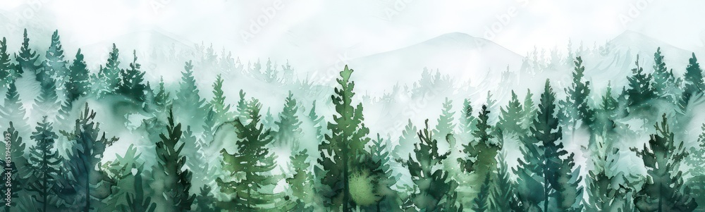 Fototapeta premium Watercolor Forest tree illustration. Mountain landscape. Woodland pine trees. Green Forest
