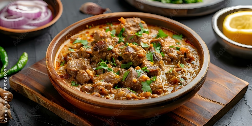 Slow-Cooked Haleem A Delicious Meat Stew with Creamy Texture, Fried Onions, Ginger, and Lemon. Concept Meat Stew, Slow Cooking, Haleem Recipe, Creamy Texture, Fried Onions Slow-Cooked Haleem A Delicious Meat Stew with Creamy Texture, Fried Onions, Ginger, and Lemon. Concept Meat Stew, Slow Cooking, Haleem Recipe, Creamy Texture, Fried Onions