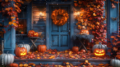  A haunted house porch with a table of Halloween candies and ghostly lights.